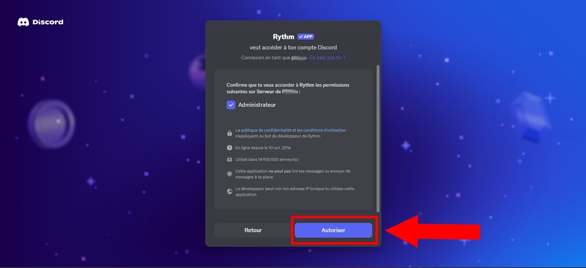Bestätigen Sie die Autorisierung von Rythm für den Server Discord.