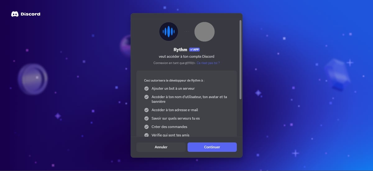 Zugriffsanfrage von Rythm für das Konto Discord