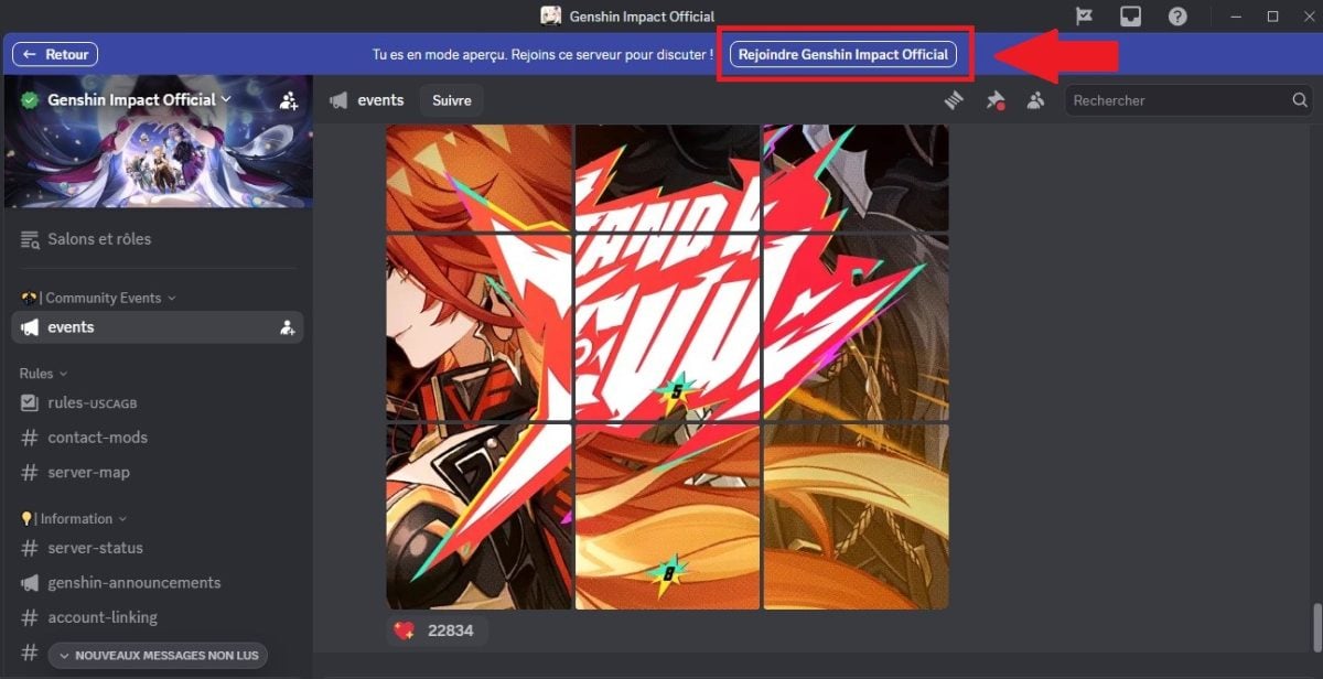 Botón para unirse a la comunidad de Genshin Impact en el modo Vista previa de Discord