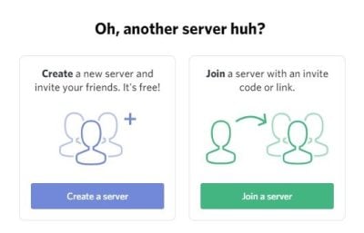 Screen of Discord, showing you 2 choices: join or create a server 