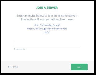 Screen of the Discord page, showing how to join a server with an invitation link 