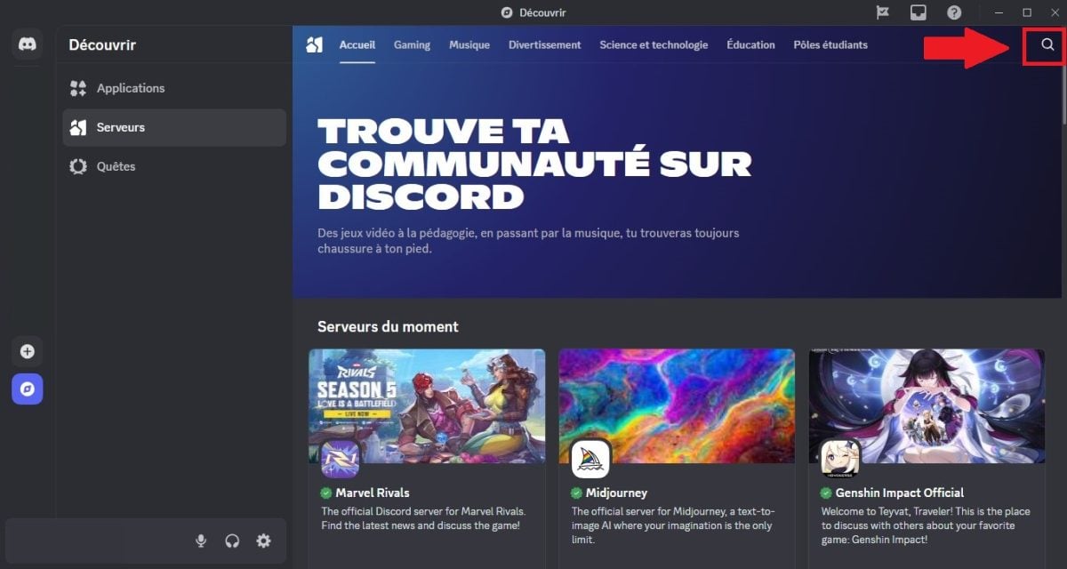 Captura de pantalla de la barra de búsqueda de servidores en Discord