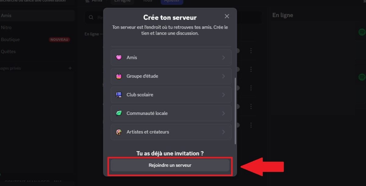 Captura de pantalla de la opción «Unirse a un servidor» en Discord.
