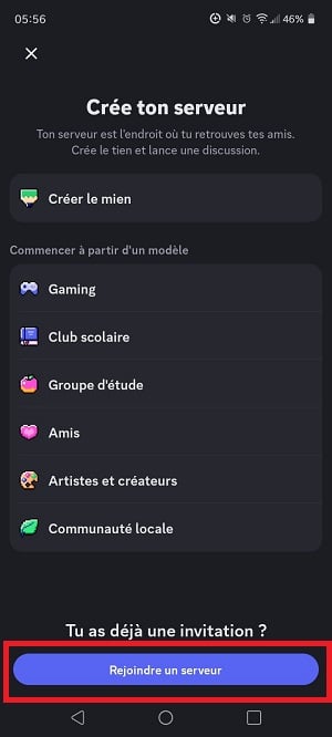Captura de pantalla de la opción «Unirse a un servidor» en Discord móvil.