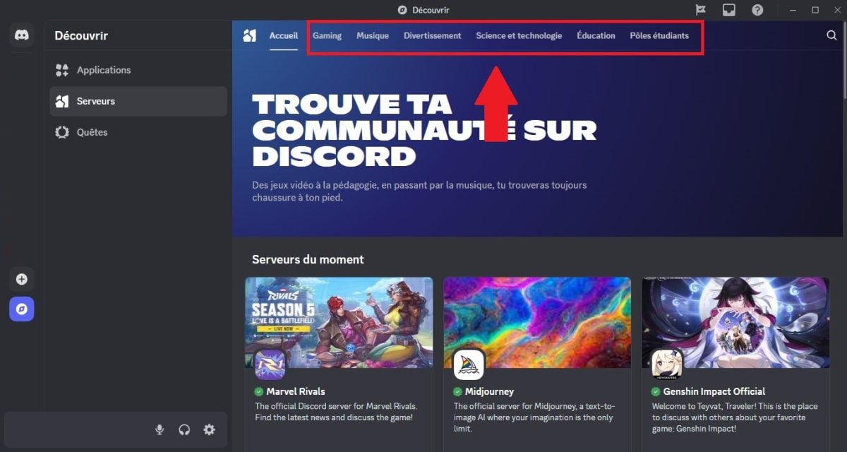 Captura de pantalla de las diferentes categorías de servidores en Discord