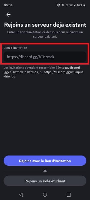 Captura de pantalla del campo que permite insertar el enlace de invitación en Discord.