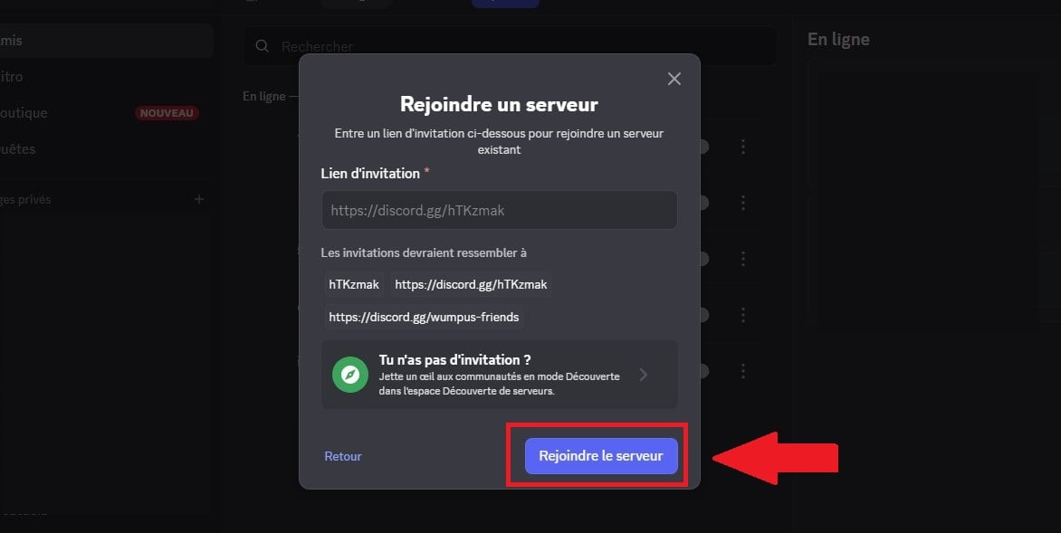 Captura de pantalla del campo para insertar el enlace de invitación en Discord