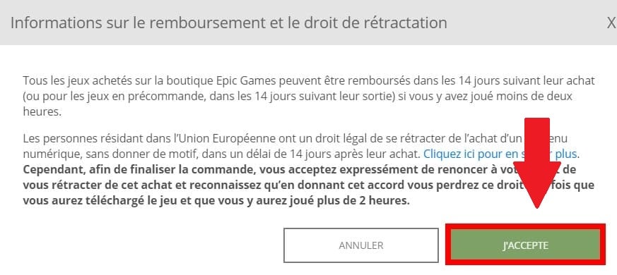 Epic Games Storeでの利用規約への同意のスクリーンショット