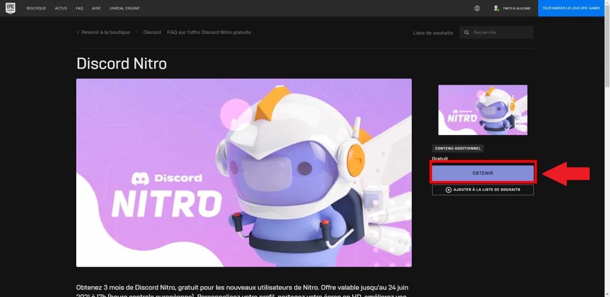 Epic Games Storeの「Nitroを入手」ボタンのスクリーンショット