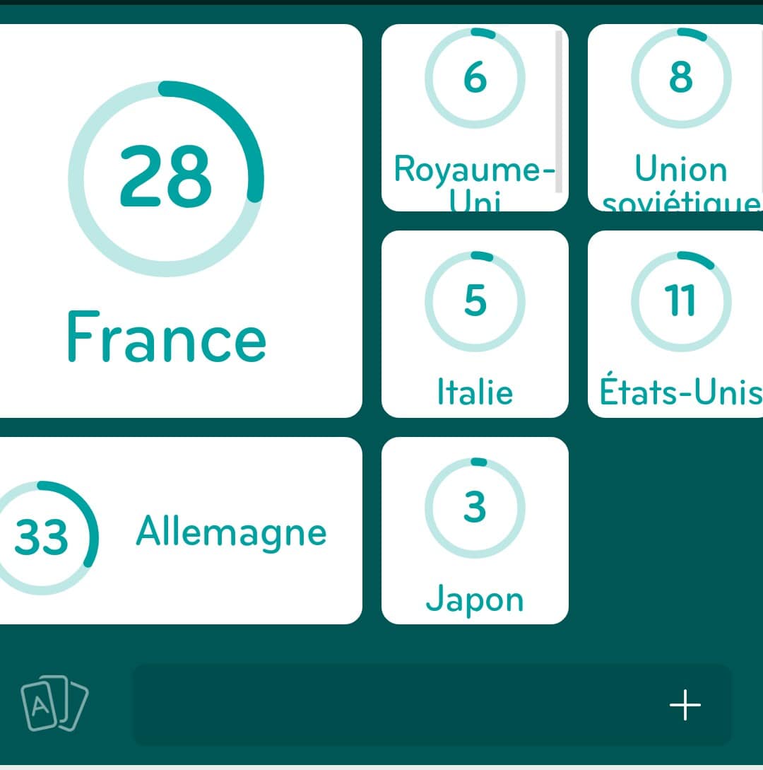 Images des solutions, réponses et aide pour le niveau 6 : Pays ayant participé à la 2nde Guerre Mondiale du jeu mobile 94%