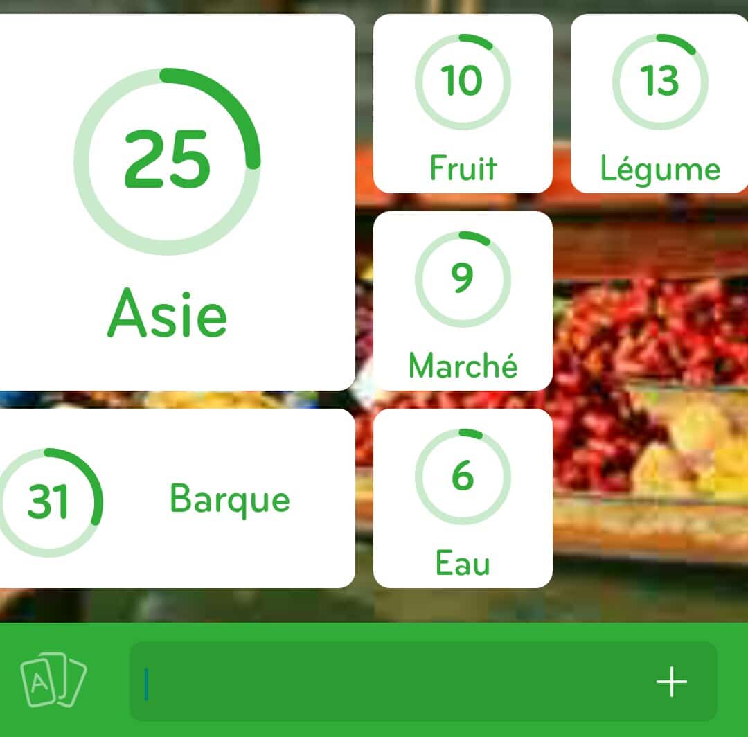 Images des solutions, réponses et aide pour le niveau 107 : Photo d'une barque remplie de fruits et légumes du jeu mobile 94%