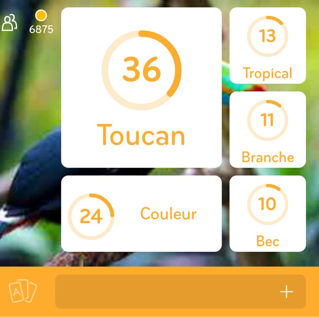 Images des solutions, réponses et aide pour le niveau 119 : Photo d'un toucan du jeu mobile 94%
