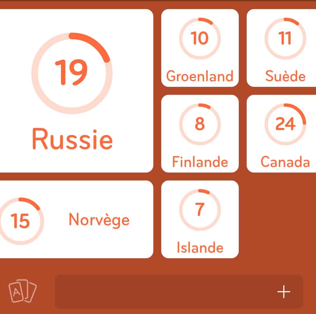 Images des solutions, réponses et aide pour le niveau 126 : Pays froids du jeu mobile 94%