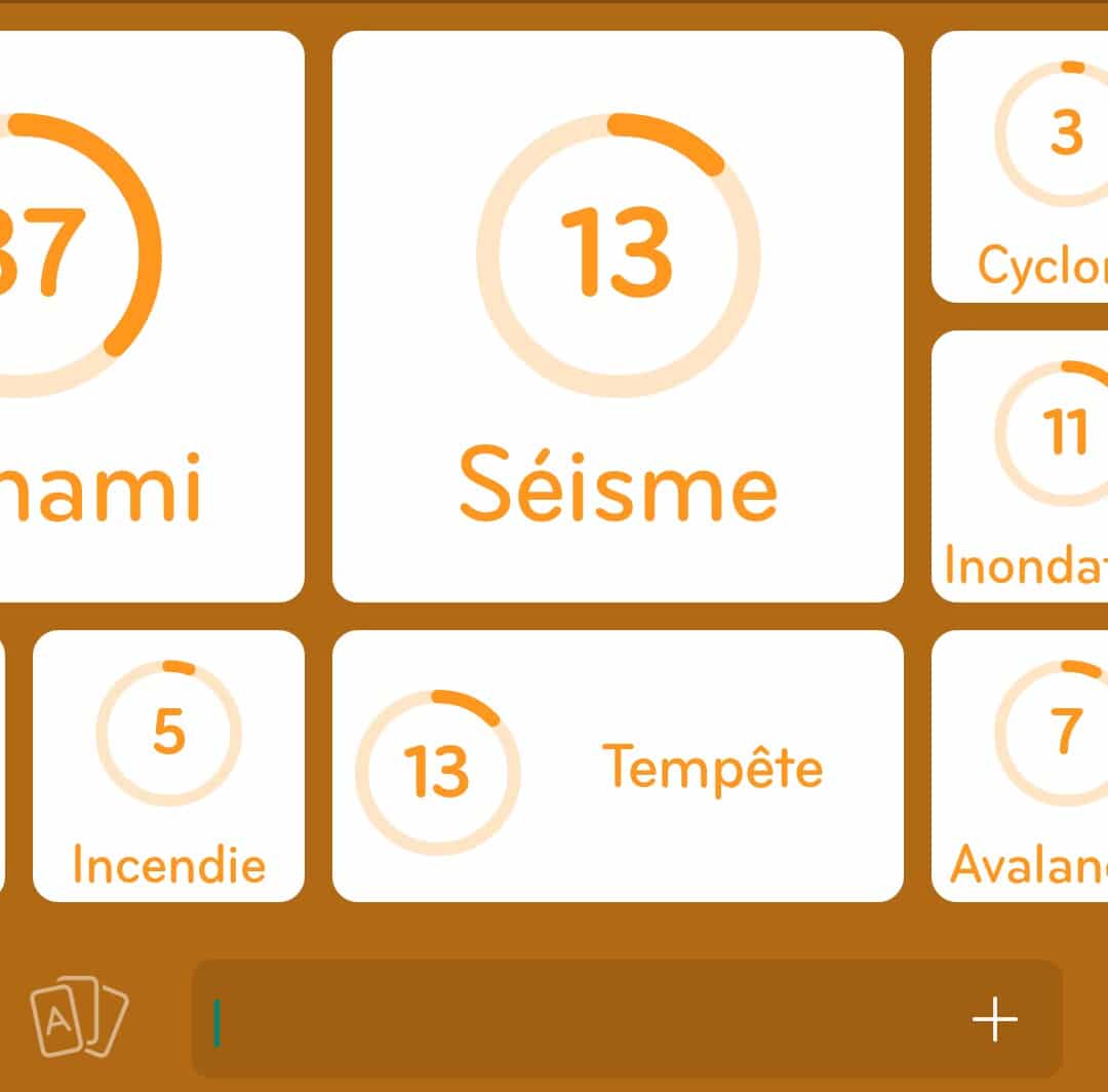 Images des solutions, réponses et aide pour le niveau 30 : Catastrophes naturelles du jeu mobile 94%