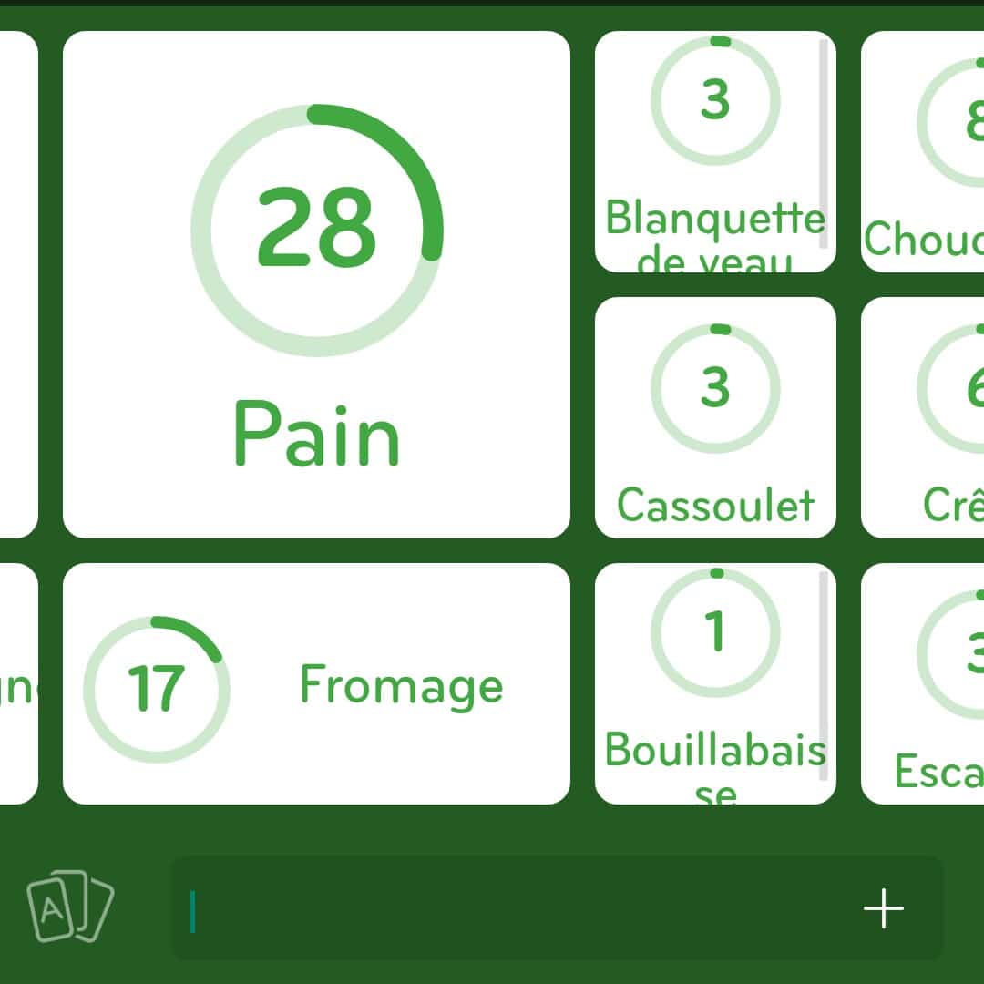 Images des solutions, réponses et aide pour le niveau 65 : Spécialité française du jeu mobile 94%