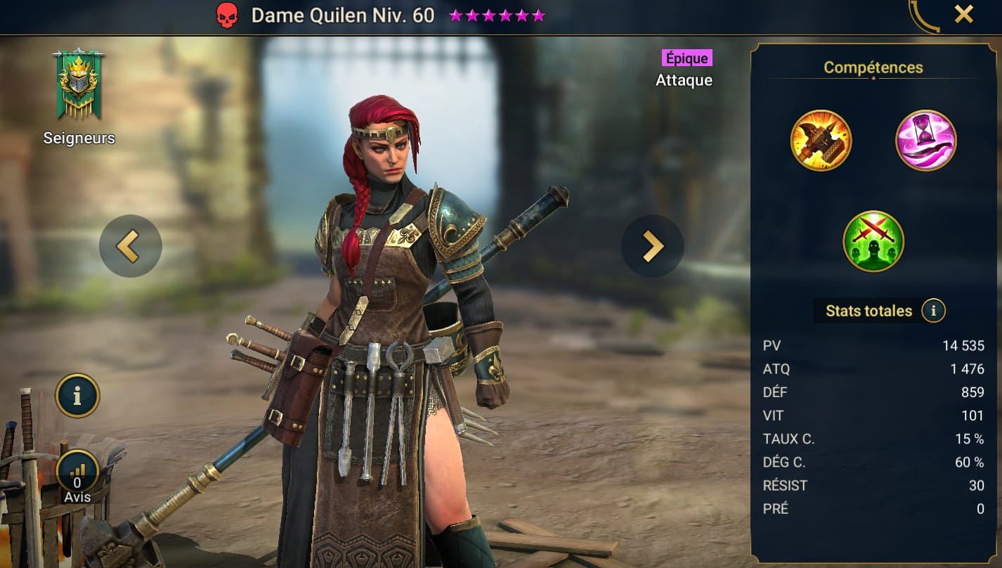 Guide maîtrises et artefact sur Dame Quilen (Lady Quilen)