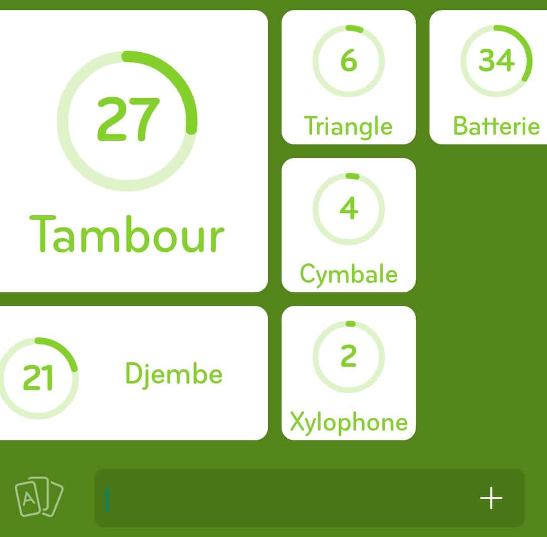 Images des solutions, réponses et aide pour le niveau 21 : Instruments à percussion du jeu mobile 94%