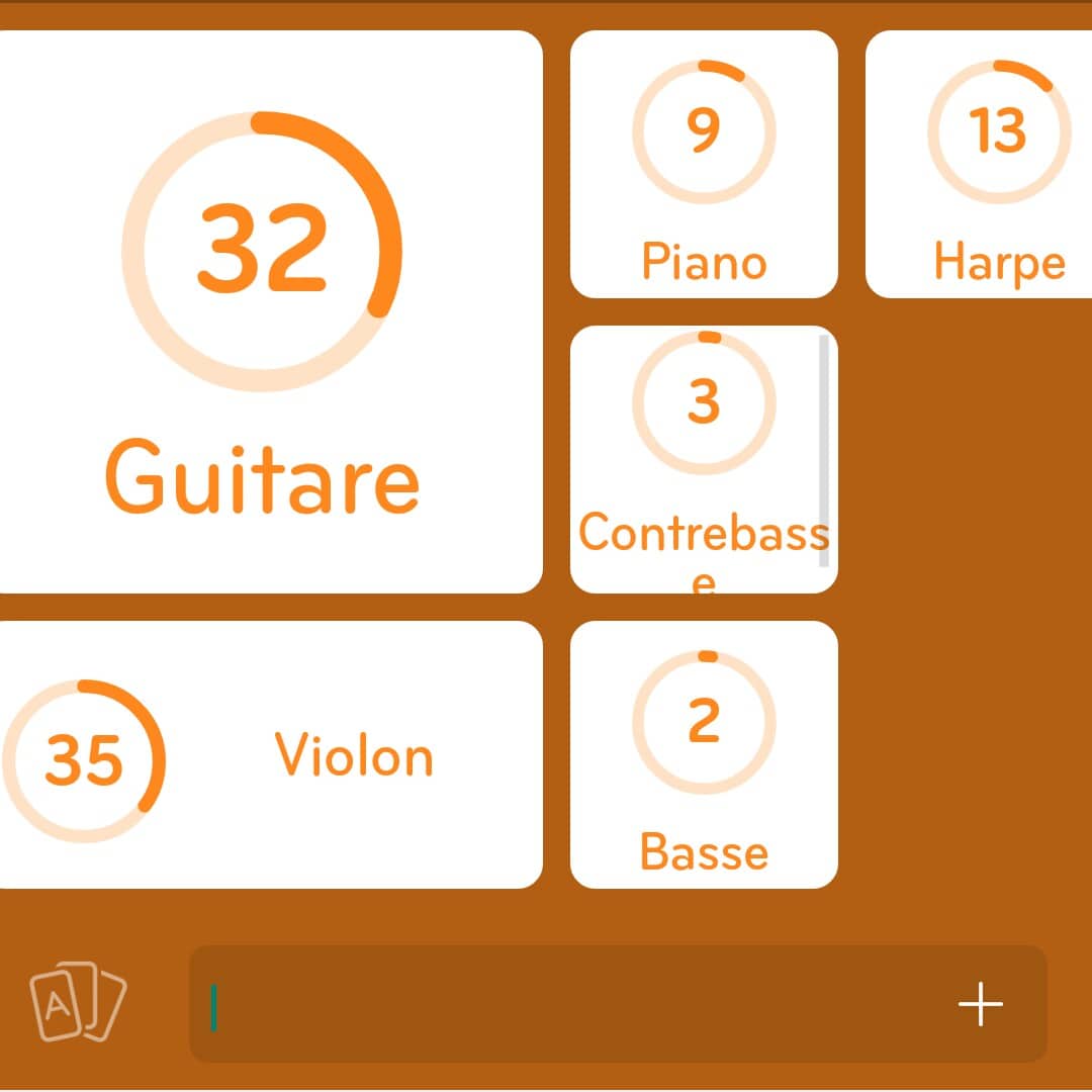 Images des solutions, réponses et aide pour le niveau 76 : Instruments à corde du jeu mobile 94%