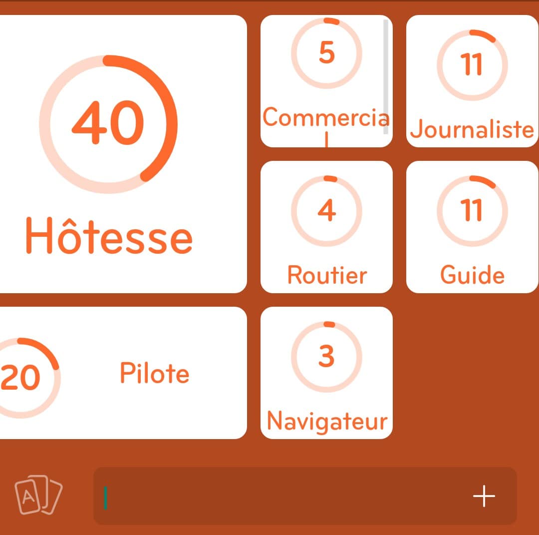 Images des solutions, réponses et aide pour le niveau 80 : Métiers qui font voyager du jeu mobile 94%
