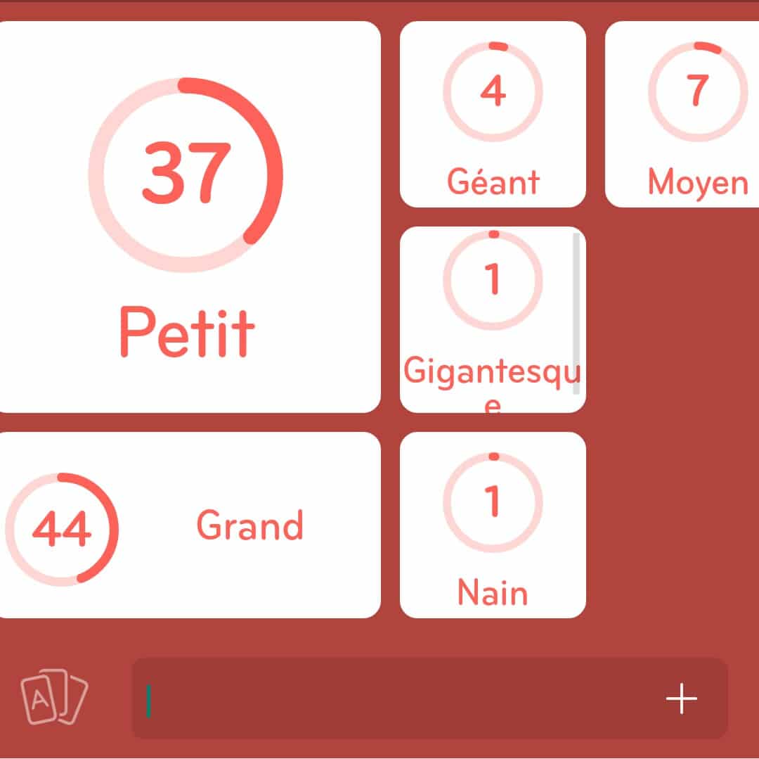 Images des solutions, réponses et aide pour le niveau 38 : Adjectifs qui décrivent la taille  du jeu mobile 94%
