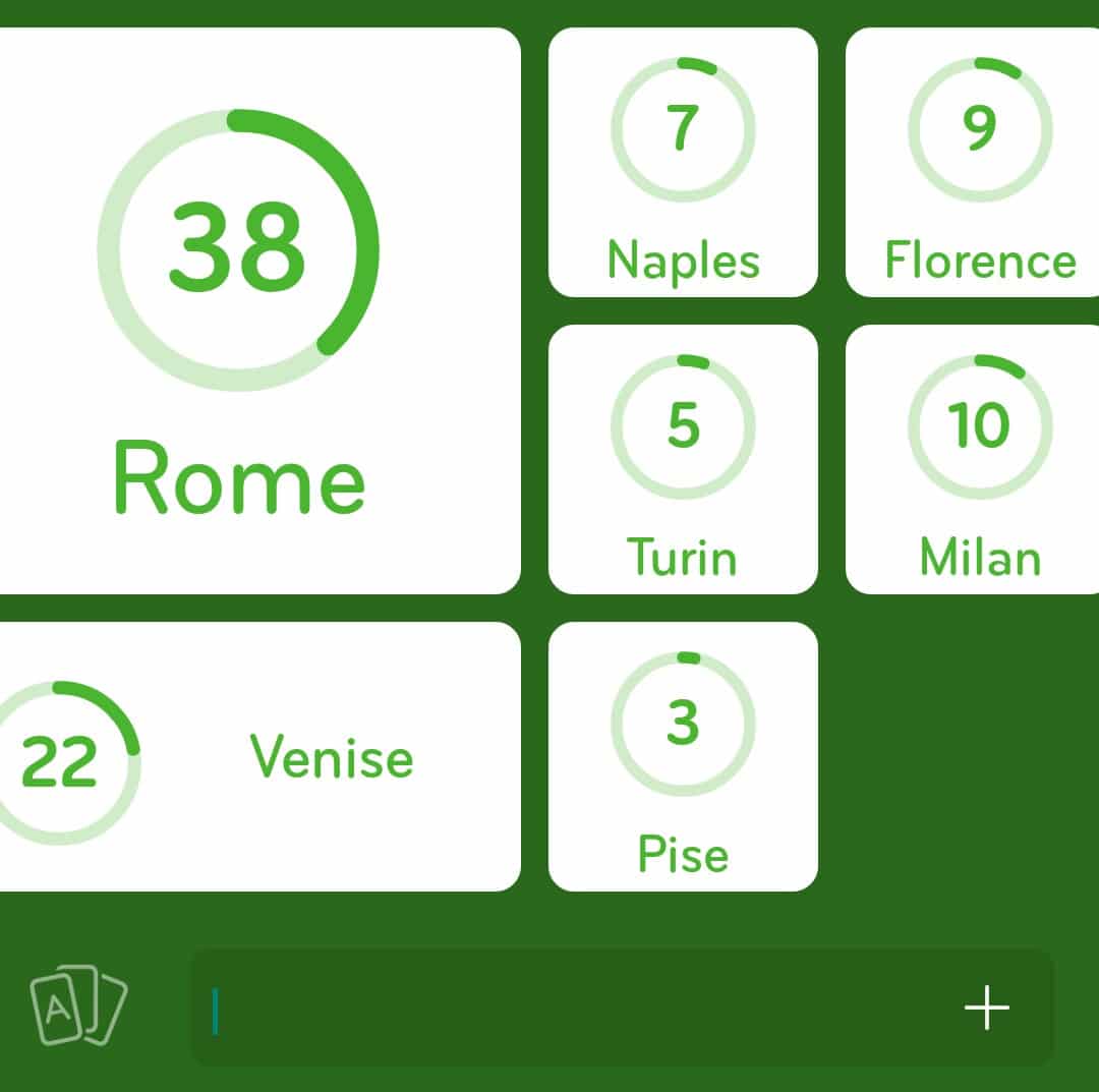 Images des solutions, réponses et aide pour le niveau 19 : Villes italiennes du jeu mobile 94%
