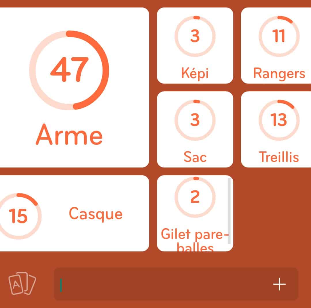 Images des solutions, réponses et aide pour le niveau 172 : Accessoires militaires du jeu mobile 94%