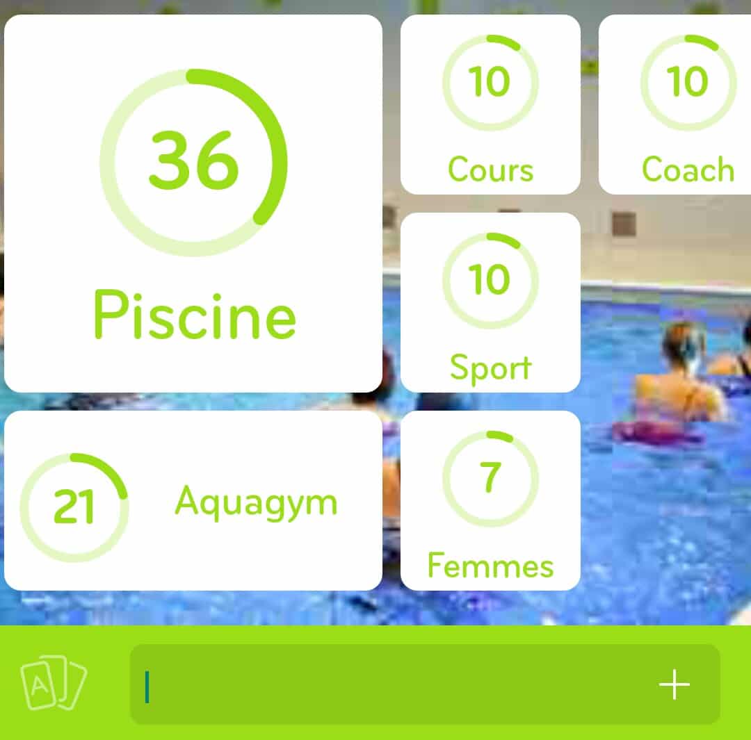 Images des solutions, réponses et aide pour le niveau 206 : Photo d'une séance de sport à la piscine du jeu mobile 94%