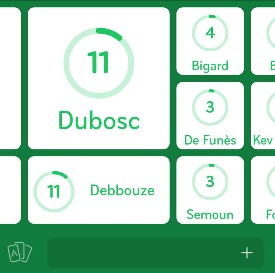 Images des solutions, réponses et aide pour le niveau 242 : Un comique français du jeu mobile 94%
