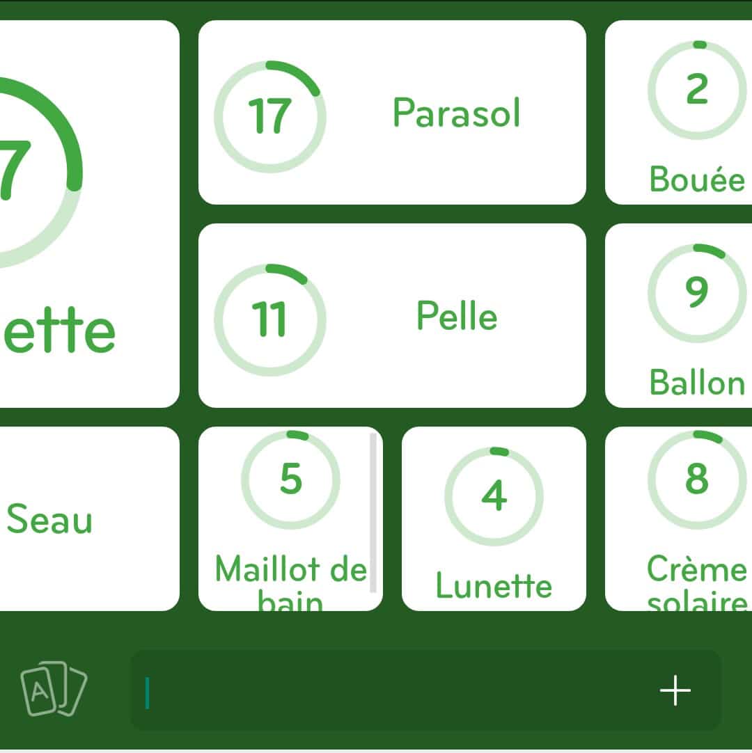 Images des solutions, réponses et aide pour le niveau 247 : Objets de Plage du jeu mobile 94%