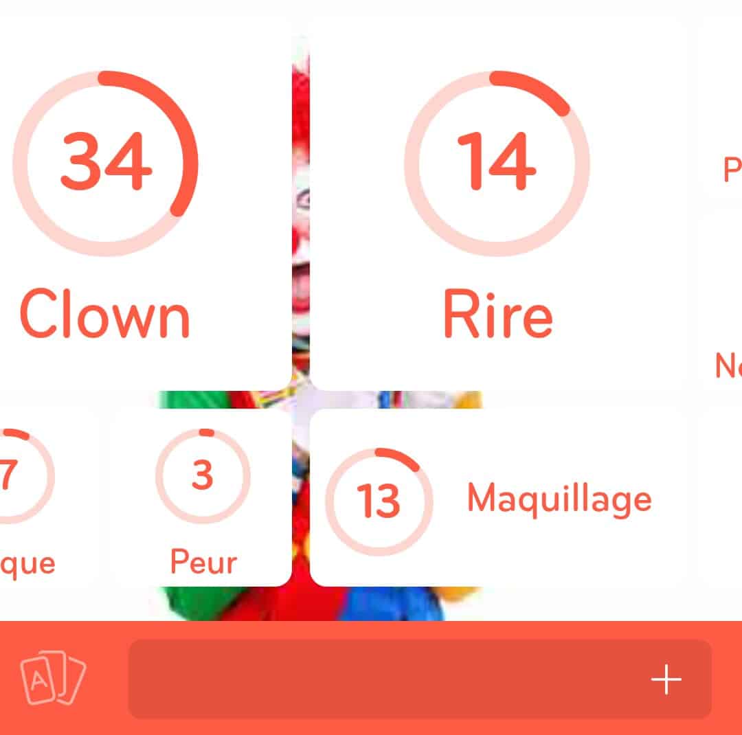 Images des solutions, réponses et aide pour le niveau 265 : Photo de clown du jeu mobile 94%