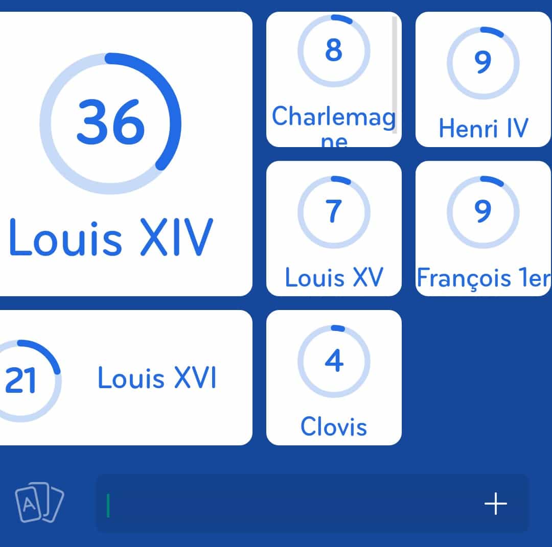 Images des solutions, réponses et aide pour le niveau 275 : Rois de France du jeu mobile 94%