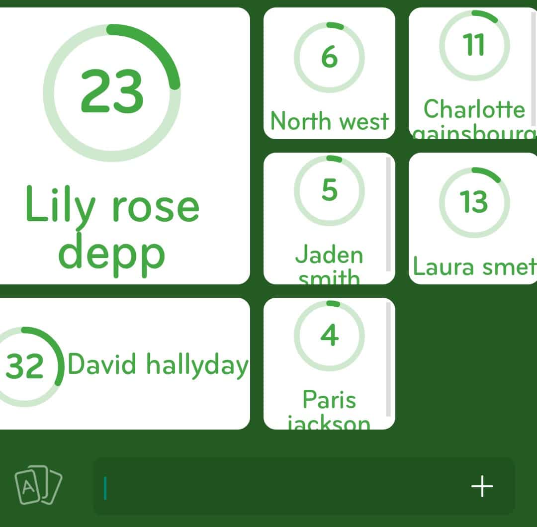 Images des solutions, réponses et aide pour le niveau 292 : Enfant de célébrités du jeu mobile 94%
