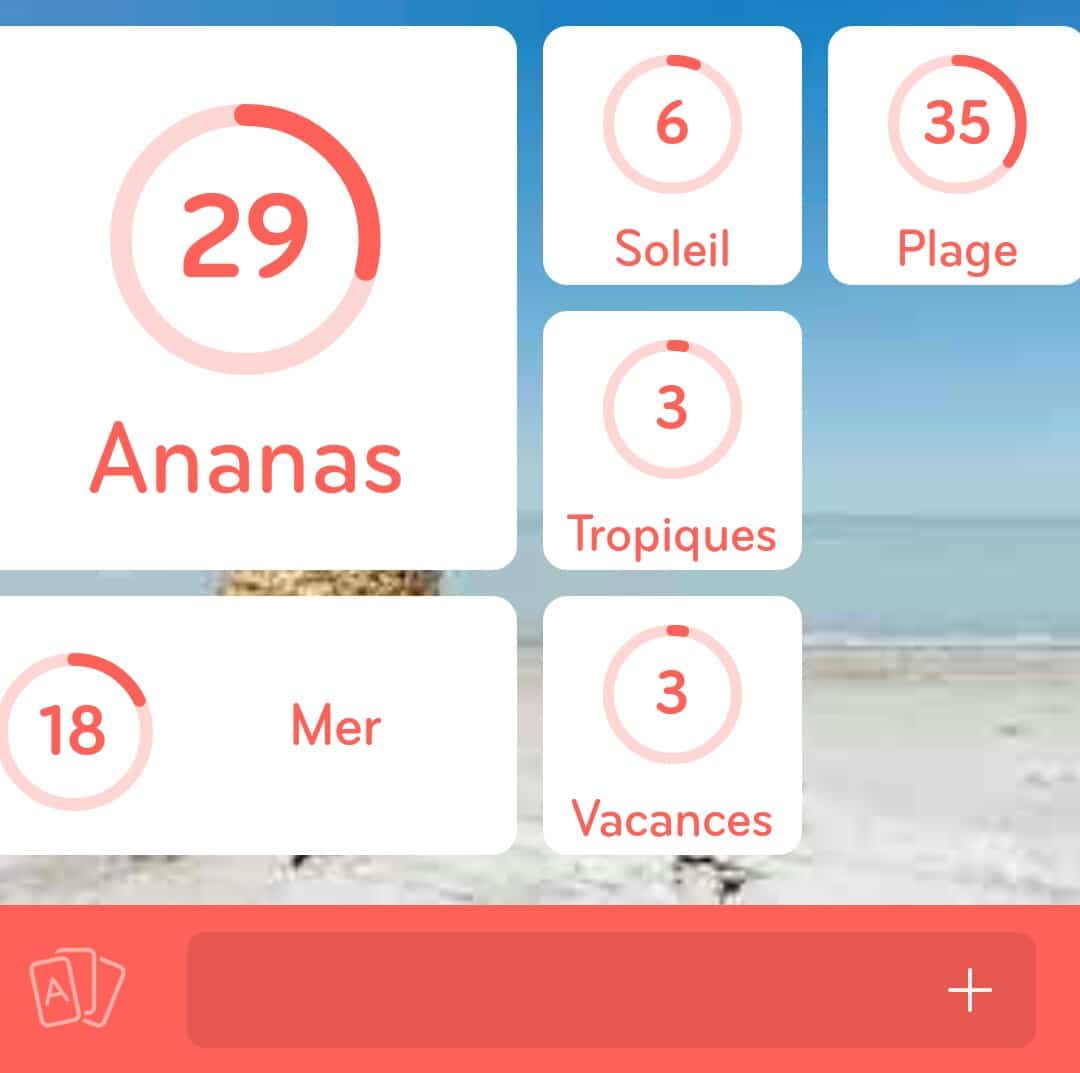 Images des solutions, réponses et aide pour le niveau 312 : Image ananas à la plage du jeu mobile 94%