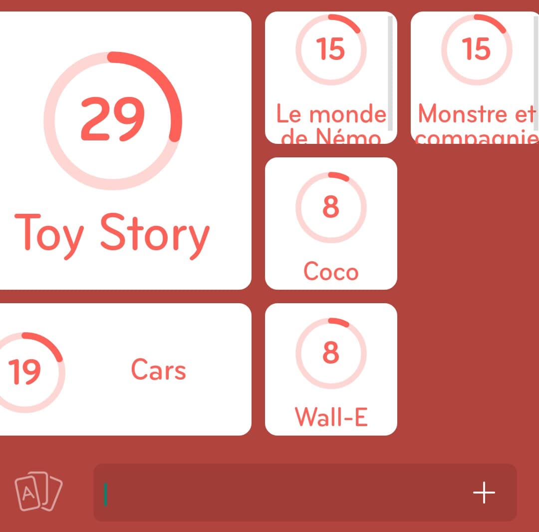 Images des solutions, réponses et aide pour le niveau 314 : Film de Pixar du jeu mobile 94%