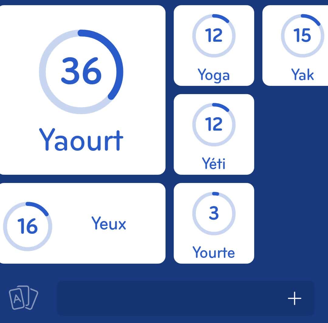 Images des solutions, réponses et aide pour le niveau 89 : Mot français commençant par un Y du jeu mobile 94%