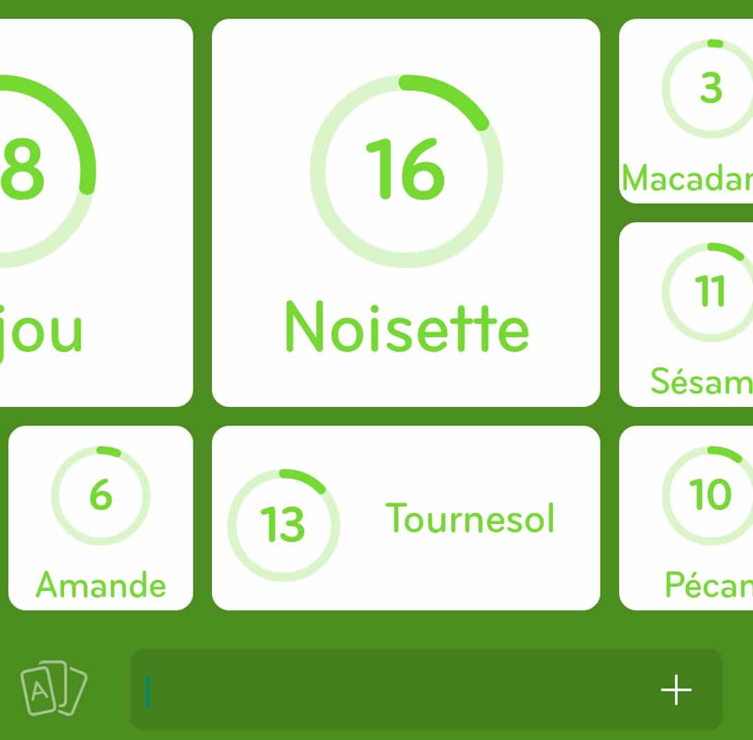 Images des solutions, réponses et aide pour le niveau 159 : Types de noix ou graines du jeu mobile 94%