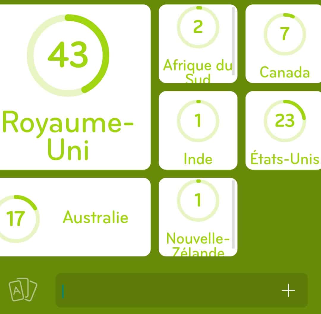 Images des solutions, réponses et aide pour le niveau 162 : Pays ayant l’anglais pour langue officielle du jeu mobile 94%