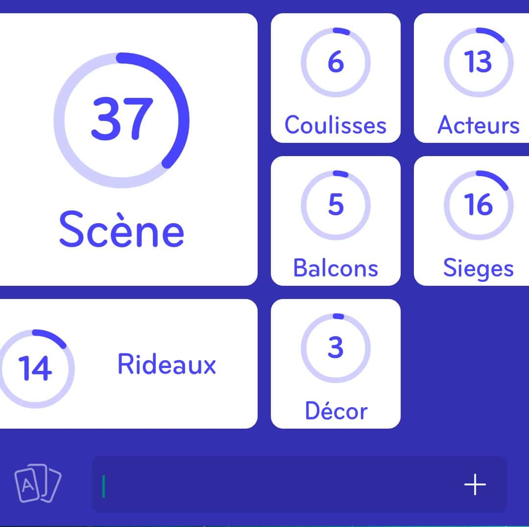Images des solutions, réponses et aide pour le niveau 318 : Un théâtre est constitué de du jeu mobile 94%