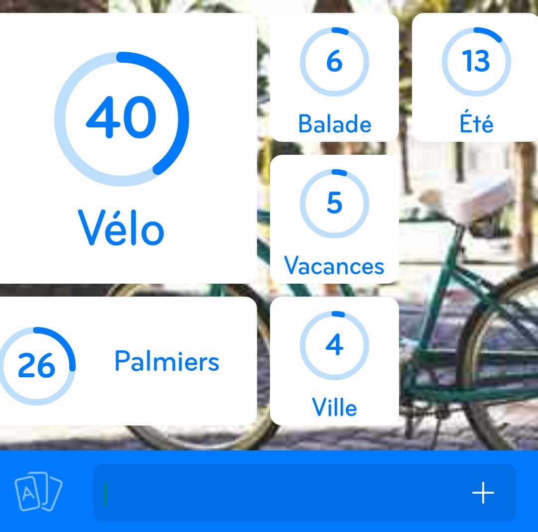 Images des solutions, réponses et aide pour le niveau 321 : Bicyclette bleue avec palmiers du jeu mobile 94%