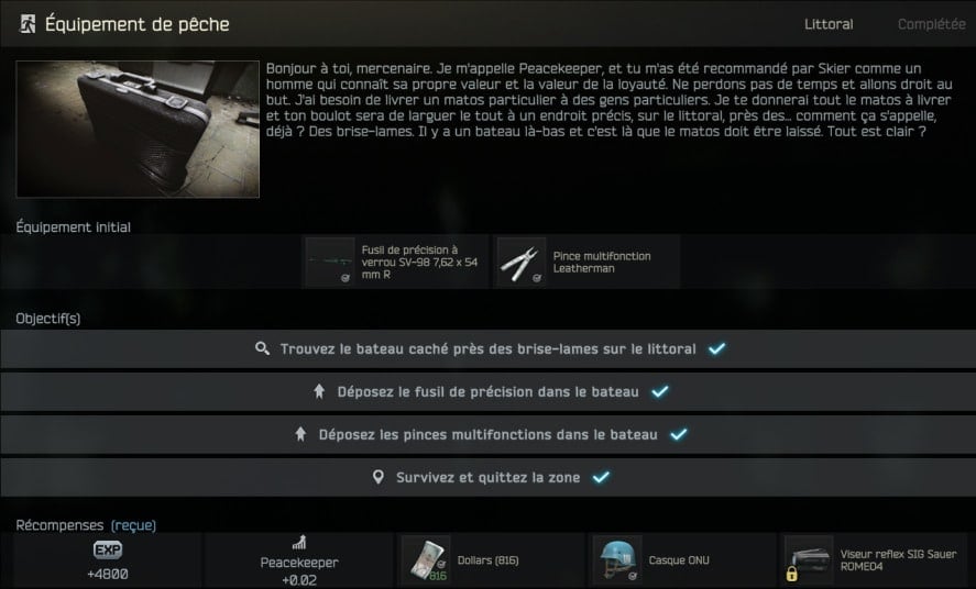 Quêtes Tarkov Équipement de pêche Alucare