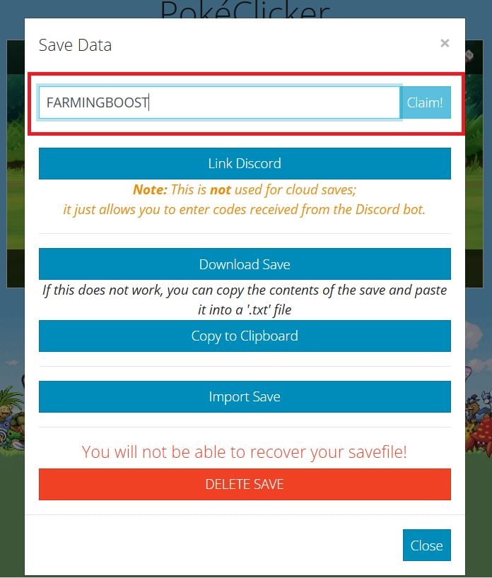 La case pour saisir et valider les codes sur PokéClicker
