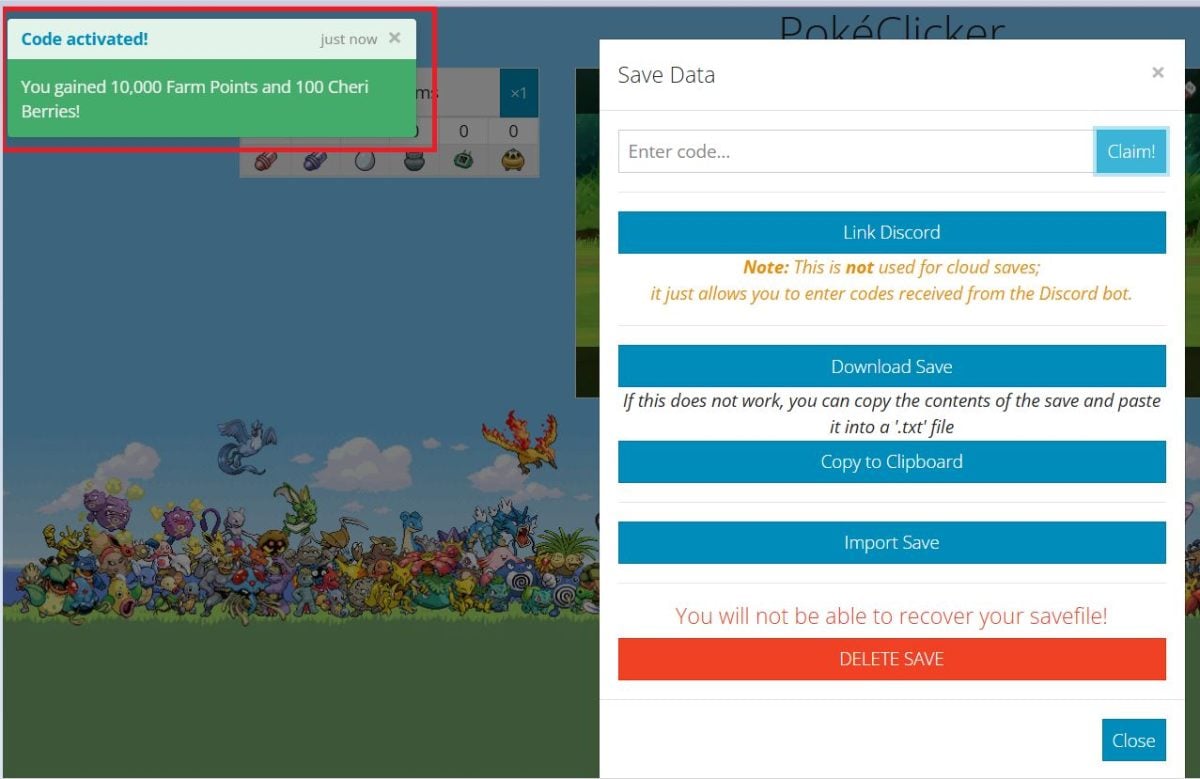 Fenêtre de confirmation des récompenses après validation d'un code sur PokéClicker