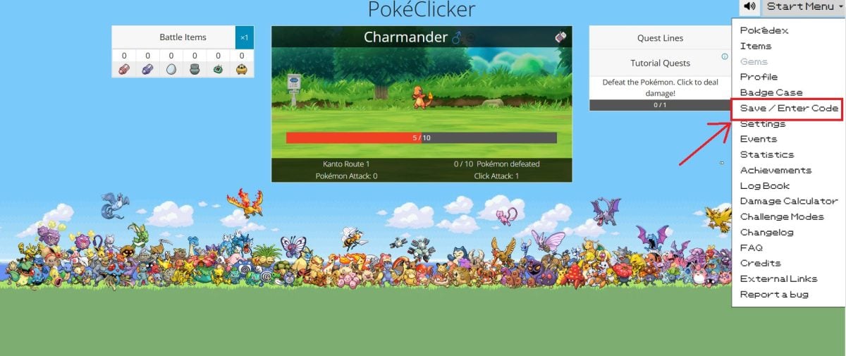 Bouton Save / Enter code pour échanger les codes sur PokéClicker