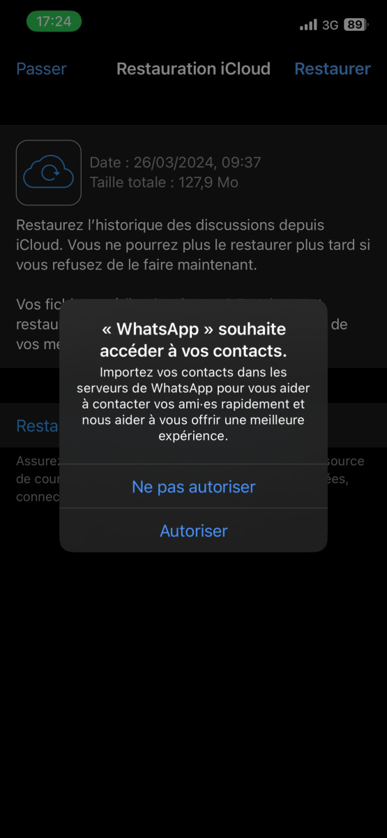 Layar aplikasi WhatsApp di mana Anda perlu mengotorisasi aplikasi untuk mengakses kontak Anda 