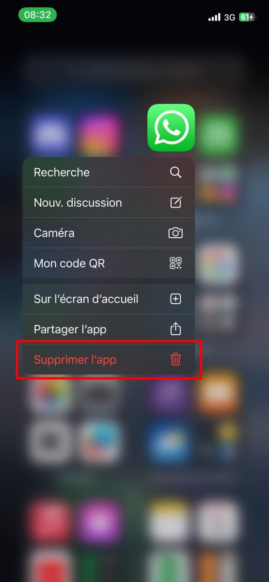 Screen de l'application WhatsApp où il faut appuyer longuement sur l'icône pour le supprimer 