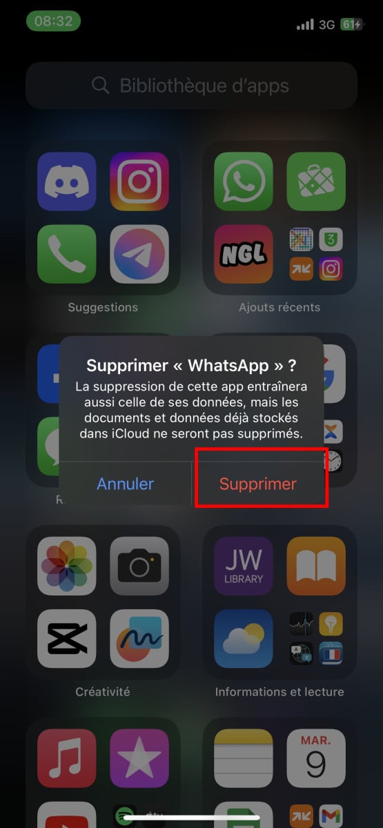 Screen de l'application WhatsApp où on clique sur supprimer pour affirmer la suppression de l'application WhatsApp 