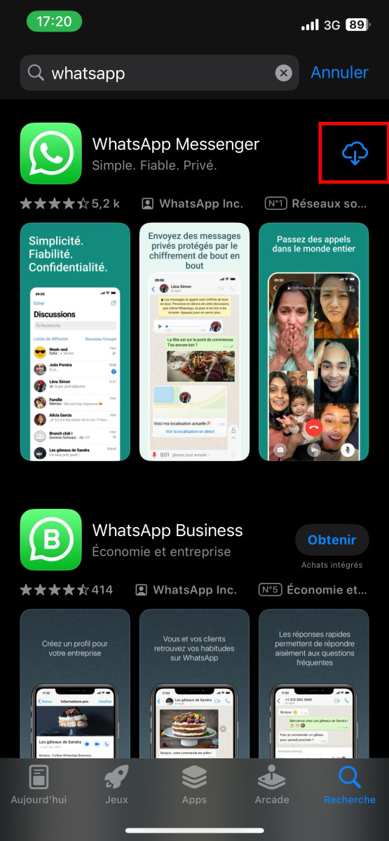 Pantalla de la interfaz de la tienda de aplicaciones para descargar WhatsApp