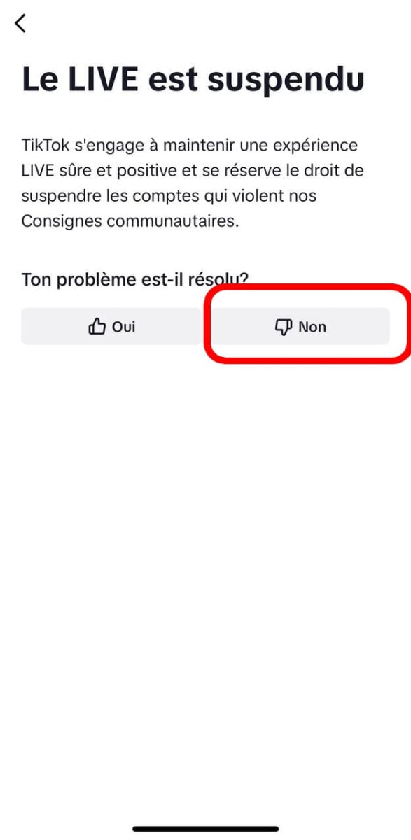 Ecrã no TikTok para ilustrar o problema não resolvido com o LIVE 