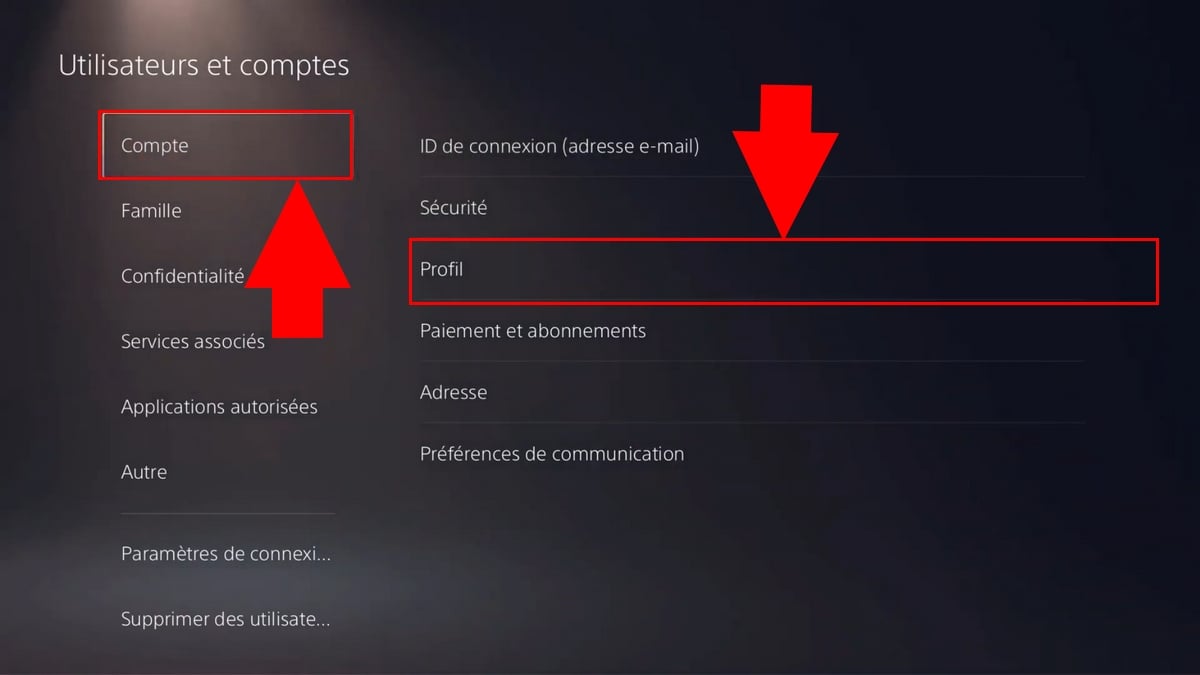 Section Compte et Profil sur PS5 pour modifier son pseudo PlayStation