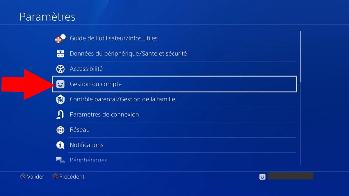 Menu Gestion du compte dans les paramètres PS4 pour changer son pseudo PSN